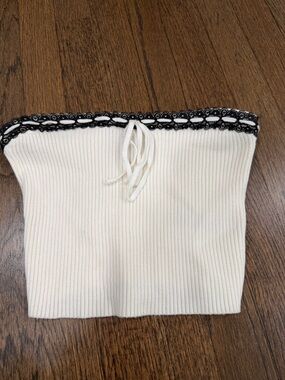 Edikted Cream Ribbed Strapless Crop Top with Black Trim